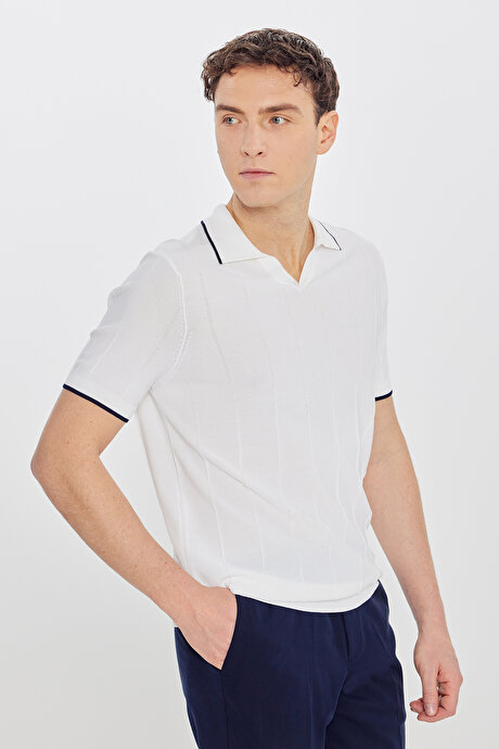 Standart Fit Normal Kesim Polo Yaka Triko Ekru Tişört resmi