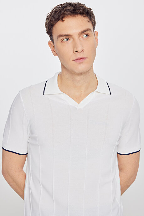 Standart Fit Normal Kesim Polo Yaka Triko Ekru Tişört resmi