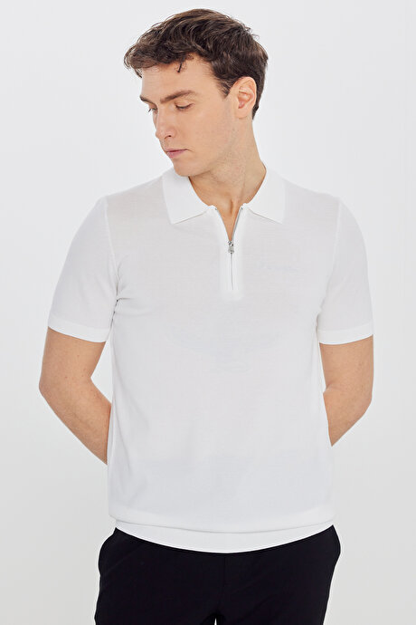 Standart Fit Normal Kesim Polo Yaka Triko Ekru Tişört resmi