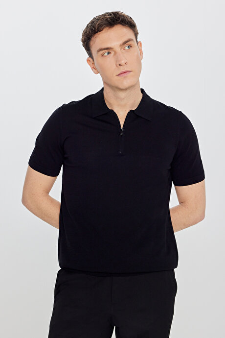 Standart Fit Normal Kesim Polo Yaka Triko Siyah Tişört resmi