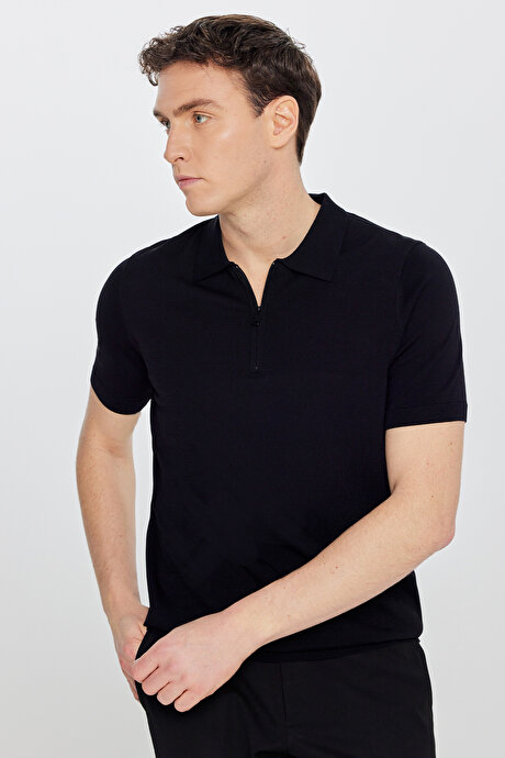 Standart Fit Normal Kesim Polo Yaka Triko Siyah Tişört resmi