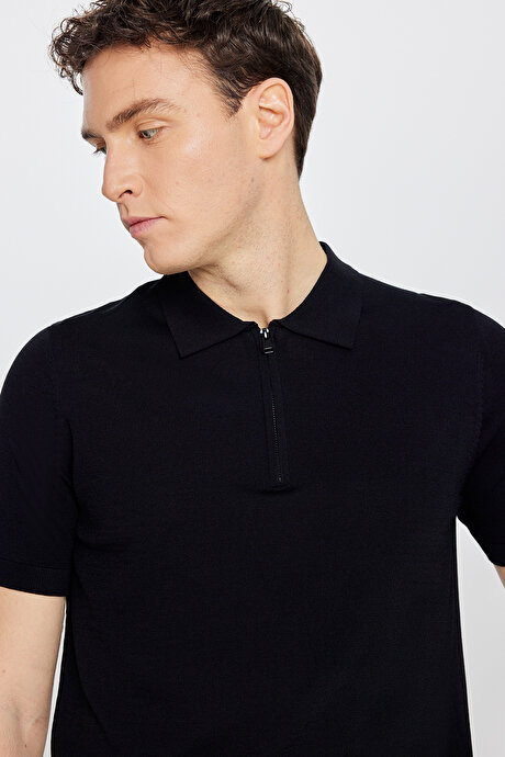 Standart Fit Normal Kesim Polo Yaka Triko Siyah Tişört resmi