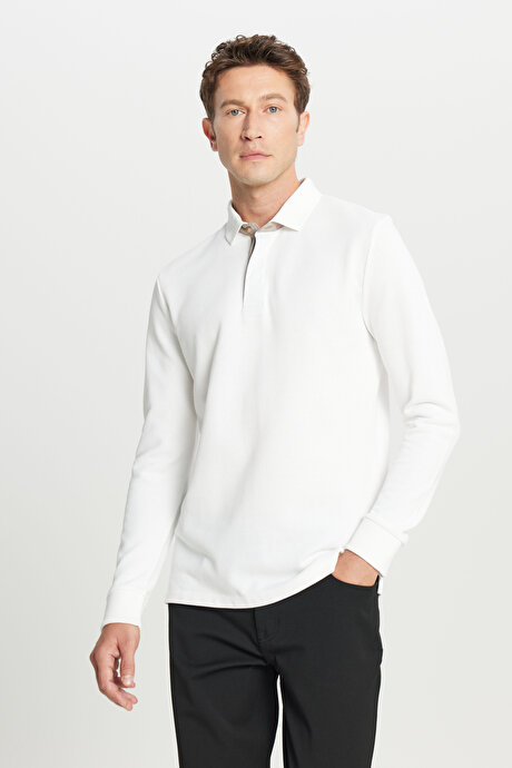 %100 Pamuk Slim Fit Dar Kesim Polo Yaka Uzun Kollu Ekru Uzun Kollu Tişört resmi