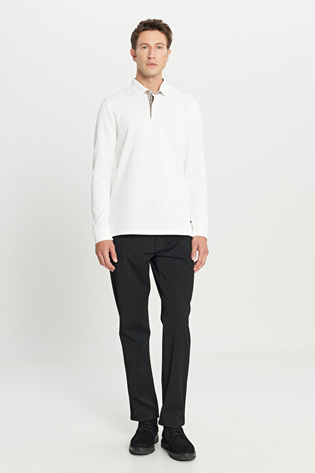 %100 Pamuk Slim Fit Dar Kesim Polo Yaka Uzun Kollu Ekru Uzun Kollu Tişört resmi