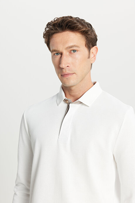 %100 Pamuk Slim Fit Dar Kesim Polo Yaka Uzun Kollu Ekru Uzun Kollu Tişört resmi