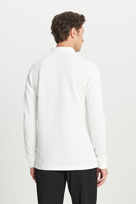 %100 Pamuk Slim Fit Dar Kesim Polo Yaka Uzun Kollu Ekru Uzun Kollu Tişört resmi