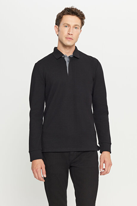 %100 Pamuk Slim Fit Dar Kesim Polo Yaka Uzun Kollu Siyah Uzun Kollu Tişört resmi