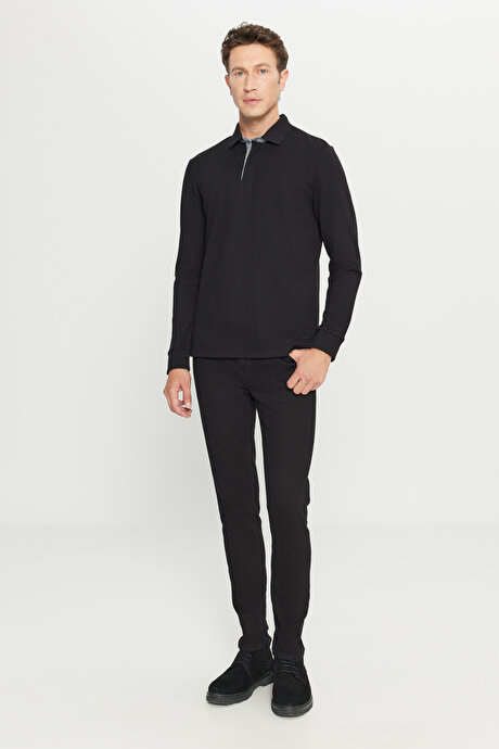 %100 Pamuk Slim Fit Dar Kesim Polo Yaka Uzun Kollu Siyah Uzun Kollu Tişört resmi