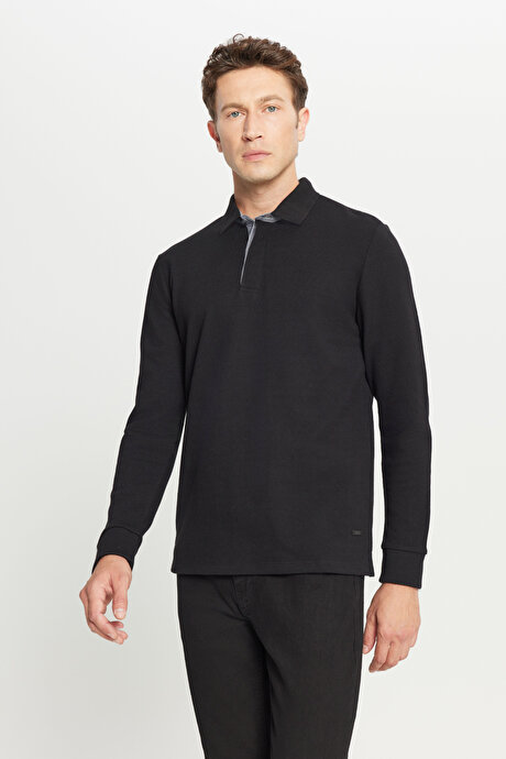 %100 Pamuk Slim Fit Dar Kesim Polo Yaka Uzun Kollu Siyah Uzun Kollu Tişört resmi