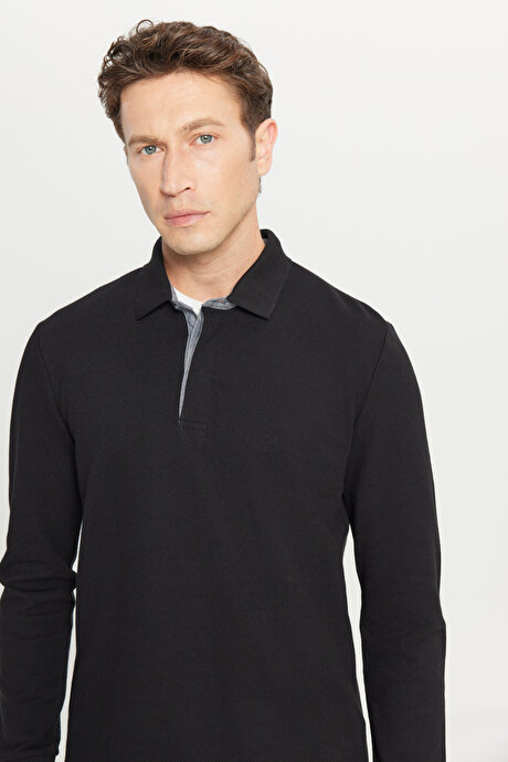 %100 Pamuk Slim Fit Dar Kesim Polo Yaka Uzun Kollu Siyah Uzun Kollu Tişört resmi