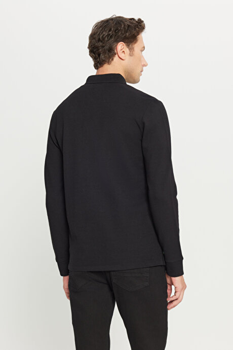 %100 Pamuk Slim Fit Dar Kesim Polo Yaka Uzun Kollu Siyah Uzun Kollu Tişört resmi