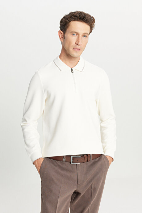 Pamuklu Slim Fit Dar Kesim Ottoman Desenli Esnek Polo Yaka Ekru Uzun Kollu Tişört resmi