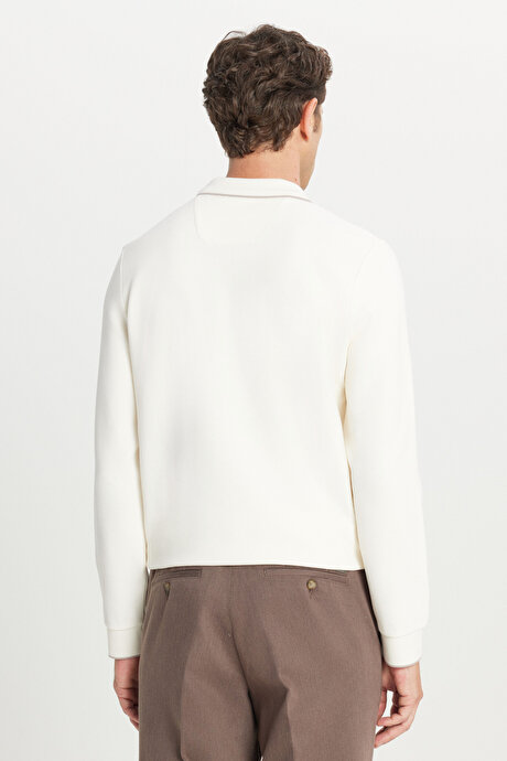 Pamuklu Slim Fit Dar Kesim Ottoman Desenli Esnek Polo Yaka Ekru Uzun Kollu Tişört resmi