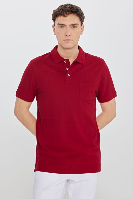 %100 Pamuk Comfort Fit Rahat Kesim Polo Yaka Bordo Tişört resmi