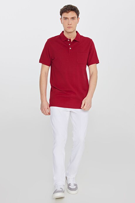 %100 Pamuk Comfort Fit Rahat Kesim Polo Yaka Bordo Tişört resmi