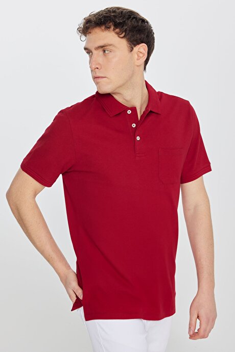 %100 Pamuk Comfort Fit Rahat Kesim Polo Yaka Bordo Tişört resmi