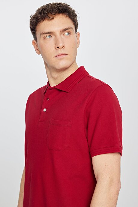 %100 Pamuk Comfort Fit Rahat Kesim Polo Yaka Bordo Tişört resmi
