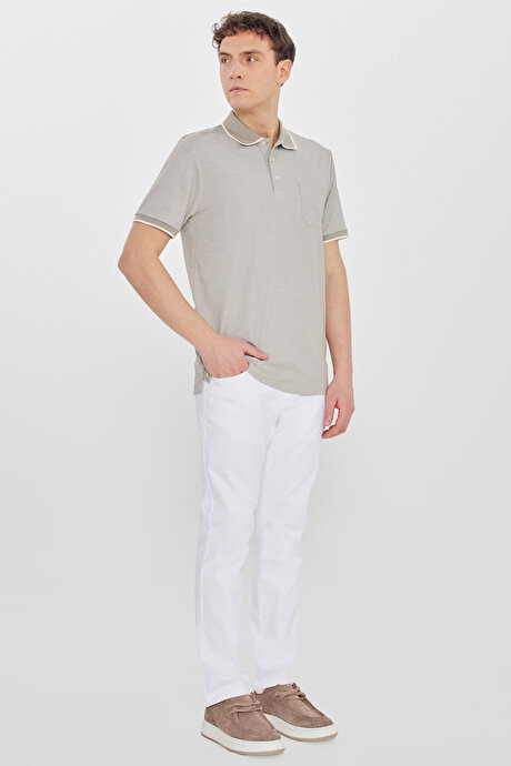 Pamuklu Comfort Fit Rahat Kesim Polo Yaka Cepli Bej Tişört resmi