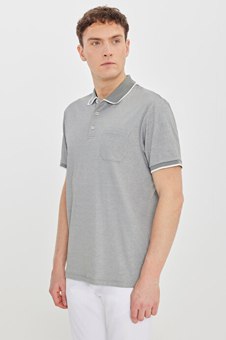 Pamuklu Comfort Fit Rahat Kesim Polo Yaka Cepli Haki Tişört resmi