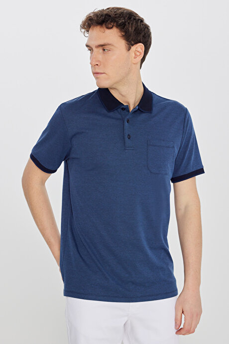 Pamuklu Comfort Fit Rahat Kesim Polo Yaka Cepli Lacivert Tişört resmi