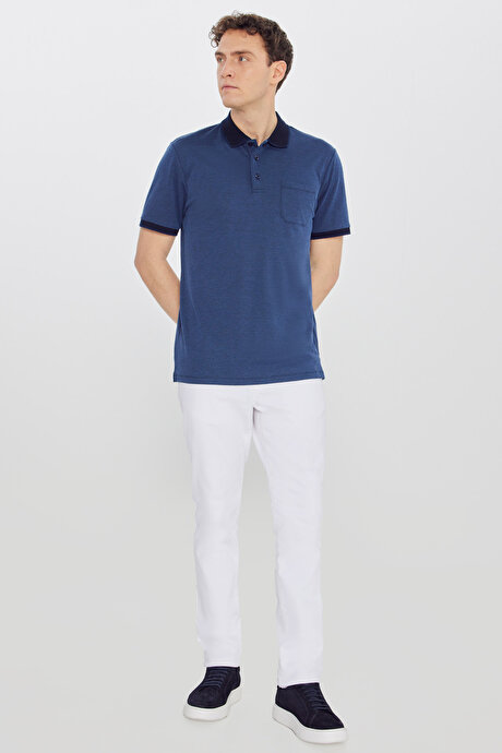 Pamuklu Comfort Fit Rahat Kesim Polo Yaka Cepli Lacivert Tişört resmi