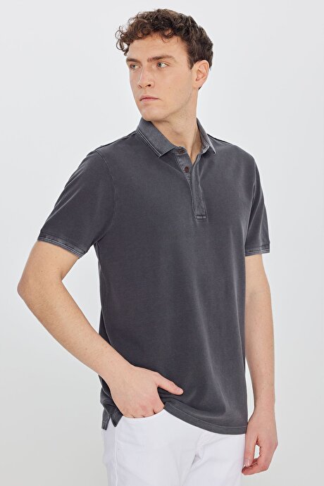 %100 Pamuk Slim Fit Dar Kesim Polo Yaka Antrasit Tişört resmi