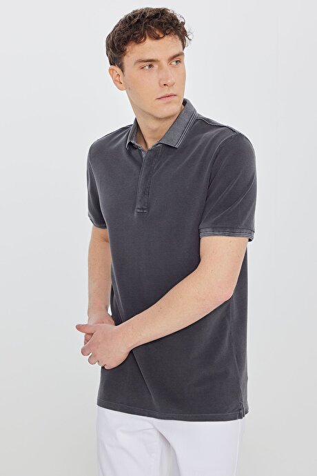 %100 Pamuk Slim Fit Dar Kesim Polo Yaka Antrasit Tişört resmi