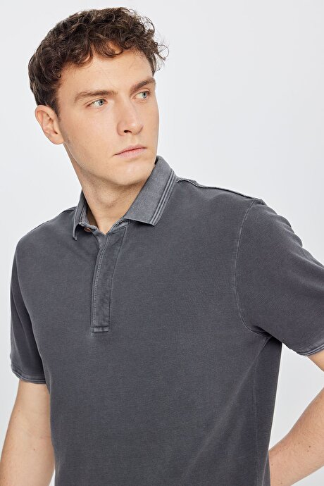 %100 Pamuk Slim Fit Dar Kesim Polo Yaka Antrasit Tişört resmi