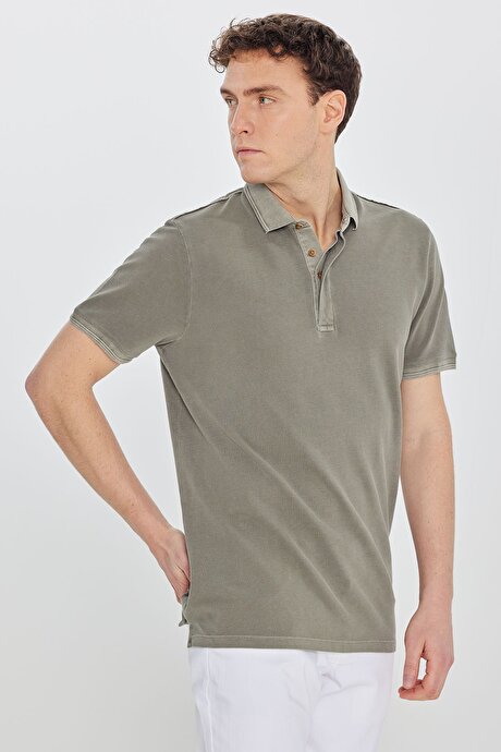 %100 Pamuk Slim Fit Dar Kesim Polo Yaka Haki Tişört resmi