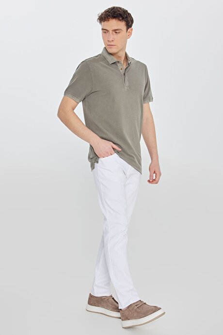 %100 Pamuk Slim Fit Dar Kesim Polo Yaka Haki Tişört resmi