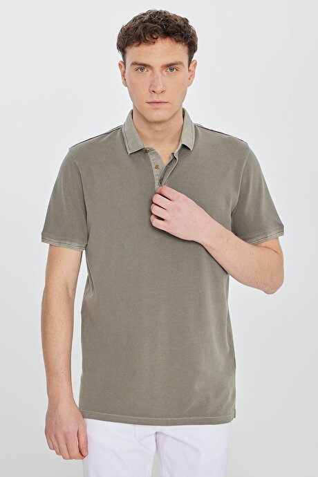 %100 Pamuk Slim Fit Dar Kesim Polo Yaka Haki Tişört resmi