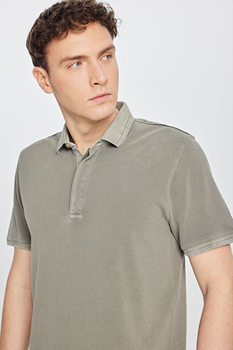 %100 Pamuk Slim Fit Dar Kesim Polo Yaka Haki Tişört resmi