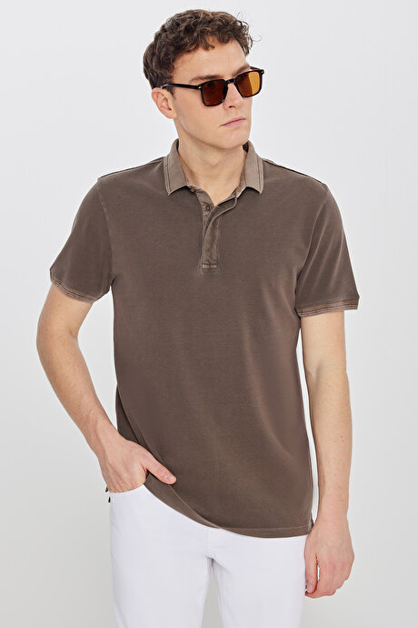 %100 Pamuk Slim Fit Dar Kesim Polo Yaka Kahverengi Tişört resmi