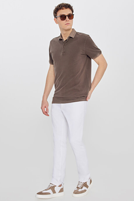%100 Pamuk Slim Fit Dar Kesim Polo Yaka Kahverengi Tişört resmi