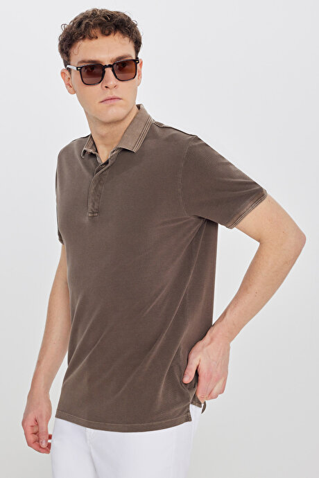%100 Pamuk Slim Fit Dar Kesim Polo Yaka Kahverengi Tişört resmi