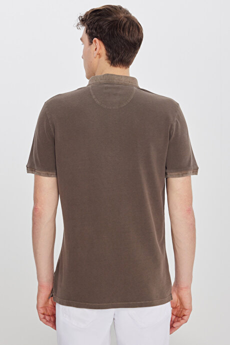 %100 Pamuk Slim Fit Dar Kesim Polo Yaka Kahverengi Tişört resmi