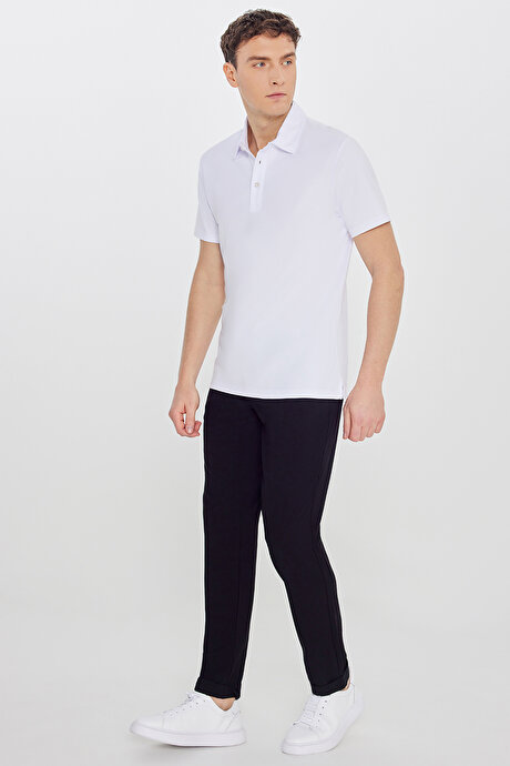 %100 Pamuk Slim Fit Dar Kesim Polo Yaka Beyaz Tişört resmi