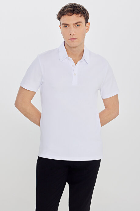 %100 Pamuk Slim Fit Dar Kesim Polo Yaka Beyaz Tişört resmi