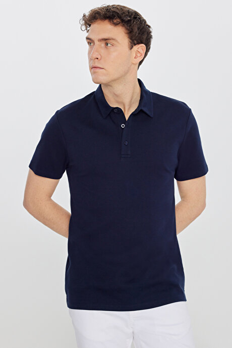 %100 Pamuk Slim Fit Dar Kesim Polo Yaka Lacivert Tişört resmi