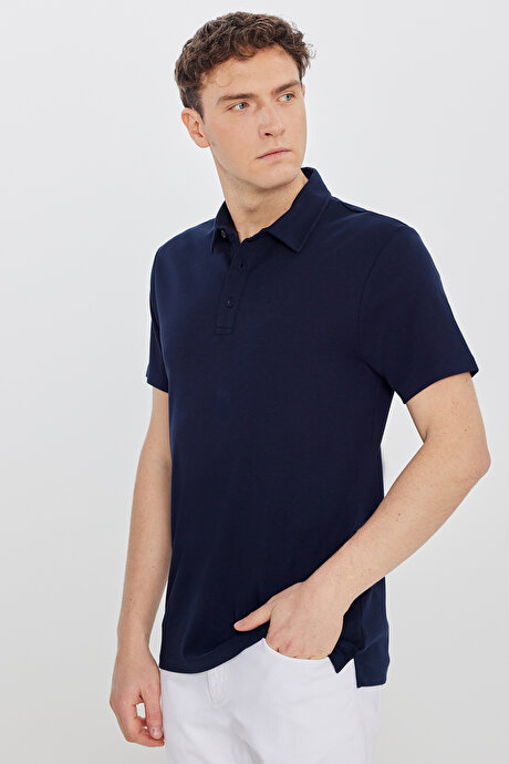 %100 Pamuk Slim Fit Dar Kesim Polo Yaka Lacivert Tişört resmi