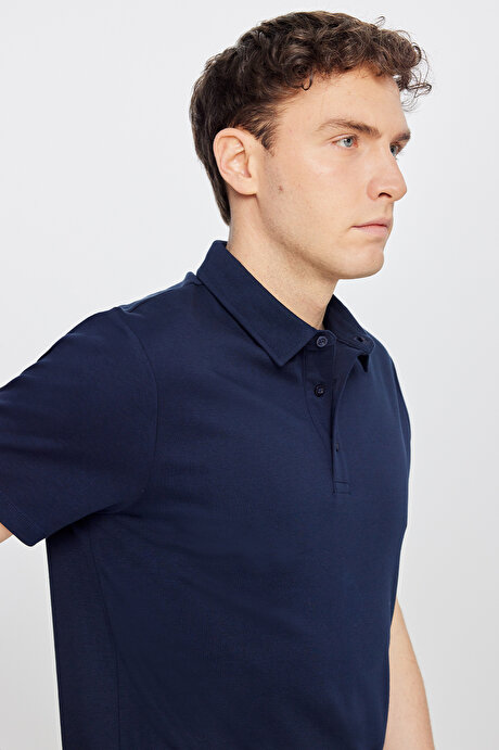 %100 Pamuk Slim Fit Dar Kesim Polo Yaka Lacivert Tişört resmi