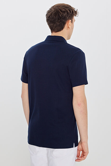 %100 Pamuk Slim Fit Dar Kesim Polo Yaka Lacivert Tişört resmi