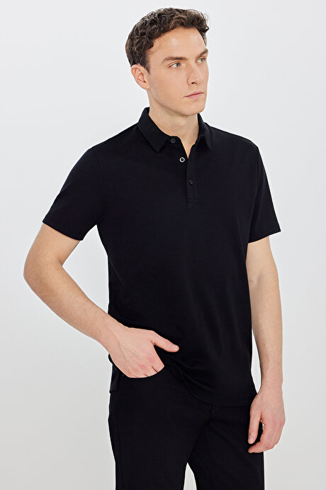 %100 Pamuk Slim Fit Dar Kesim Polo Yaka Siyah Tişört resmi