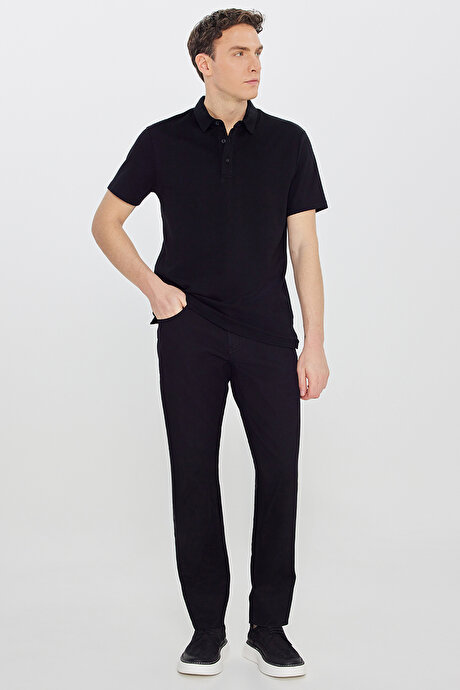 %100 Pamuk Slim Fit Dar Kesim Polo Yaka Siyah Tişört resmi