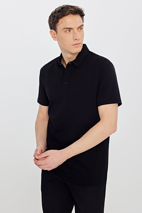 %100 Pamuk Slim Fit Dar Kesim Polo Yaka Siyah Tişört resmi