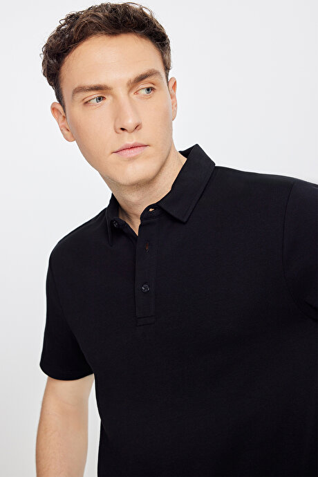 %100 Pamuk Slim Fit Dar Kesim Polo Yaka Siyah Tişört resmi