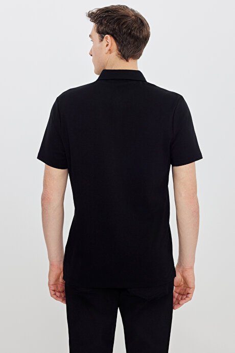 %100 Pamuk Slim Fit Dar Kesim Polo Yaka Siyah Tişört resmi