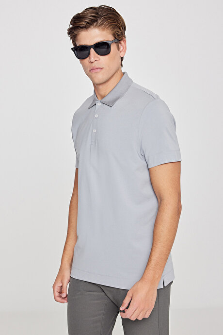Standart Fit Normal Kesim Polo Yaka Esnek Açık Gri Tişört resmi