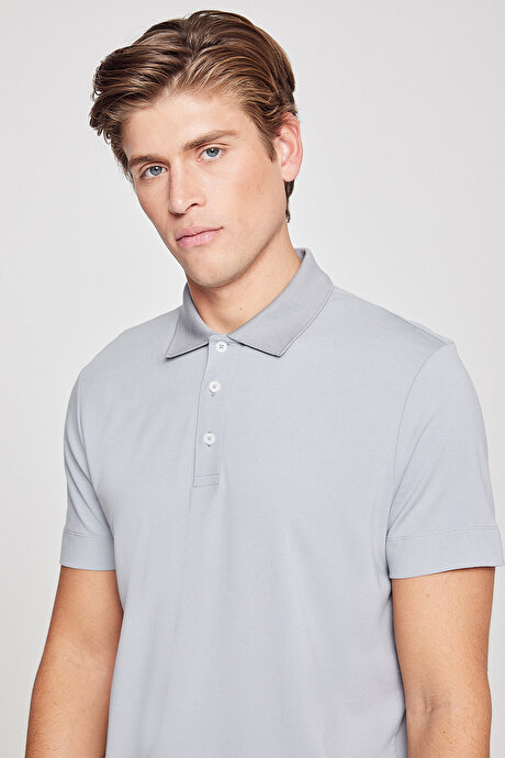 Standart Fit Normal Kesim Polo Yaka Esnek Açık Gri Tişört resmi