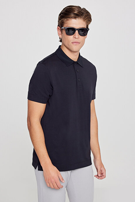 Standart Fit Normal Kesim Polo Yaka Esnek Siyah Tişört resmi